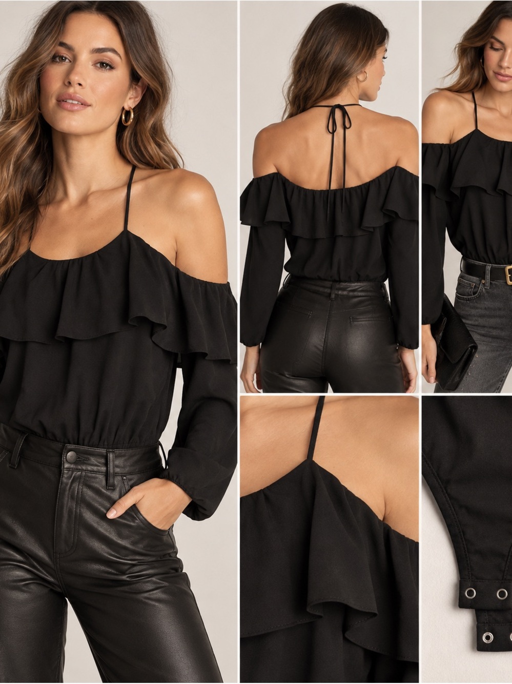 Off-Shoulder Ruffle Long-Sleeve Bodysuit